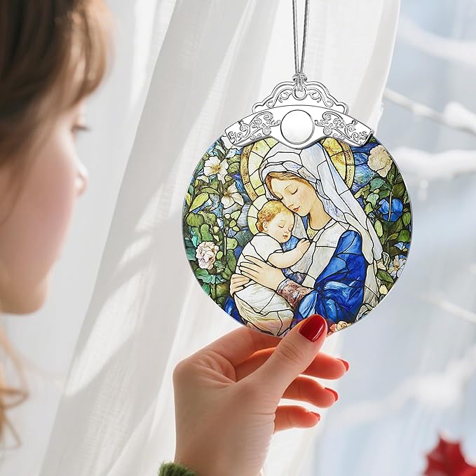 Religious Stained Glass Ornament, Christian Christmas Ornament, Hanging Ornaments for Home Decor & Christmas Tree Ornaments – Holiday Decor, Xmas Gifts & Holiday Present - Virgin Mary