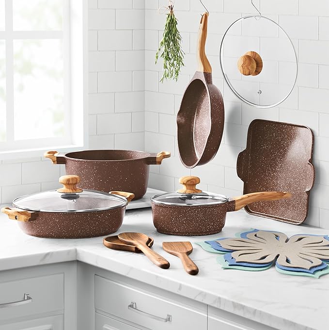 Pioneers Womans Pots and Pans Set Non stick, 14-Piece Cast Aluminum Cookware, Non Stick Kitchen Cooking, with Frying Pans & cooking utensils set (Brown Speckle)