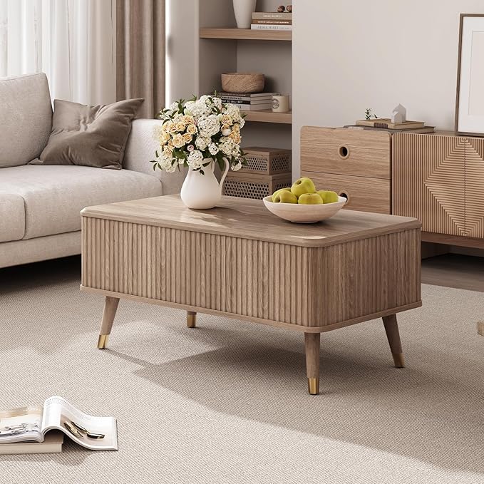Lift Top Coffee Table with Storage, Mid Century Modern Walnut Fluted Coffee Table, Rectangular Wood Center Table with Rising Desktop & Open Shelf for Work from Home, Living Room, Oak