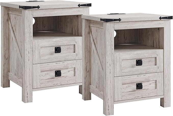 T4TREAM Farmhouse Nightstand Set of 2 with Charging Station, Rustic End Table with 2 Drawers, Storage Open Shelf for Bedroom, Living Room, Wood Side Table, Antique Brush White