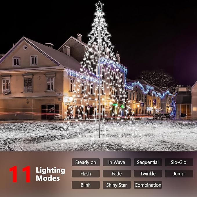 Flacchi 10 FT 404 LED Star String Lights Outdoor - Pole Set with Remote, Multiple Lighting Modes, Timer, and Waterproof Feature for Ultimate Holiday Decor (Cool White)