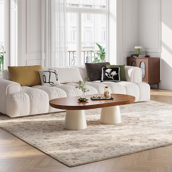 Oval Modern Coffee Table - Minimalist Wooden Coffee Table with White Stable Legs, 51.2" Center Table for Living Room, Apartment, Office, Walnut
