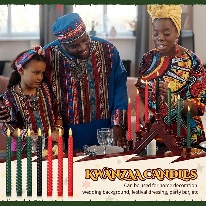 Riakrum 7 Pieces Kwanzaa Candles Set Kwanzaa Flameless Taper Candles Battery Operated for Church Celebration Decoration(10.04 Inches,Spiral)