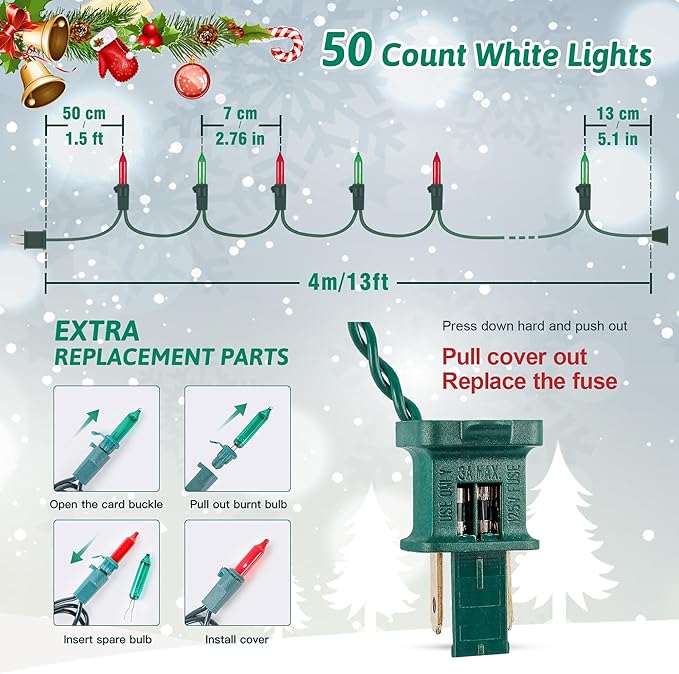 HEYFUNi 50Count Red Green Christmas Lights, Green Wire 13Ft Incandescent Traditional Holiday String Light Set for Indoor Outdoor Use Christmas Tree, Halloween, Valentine Wedding Lighting Decoration