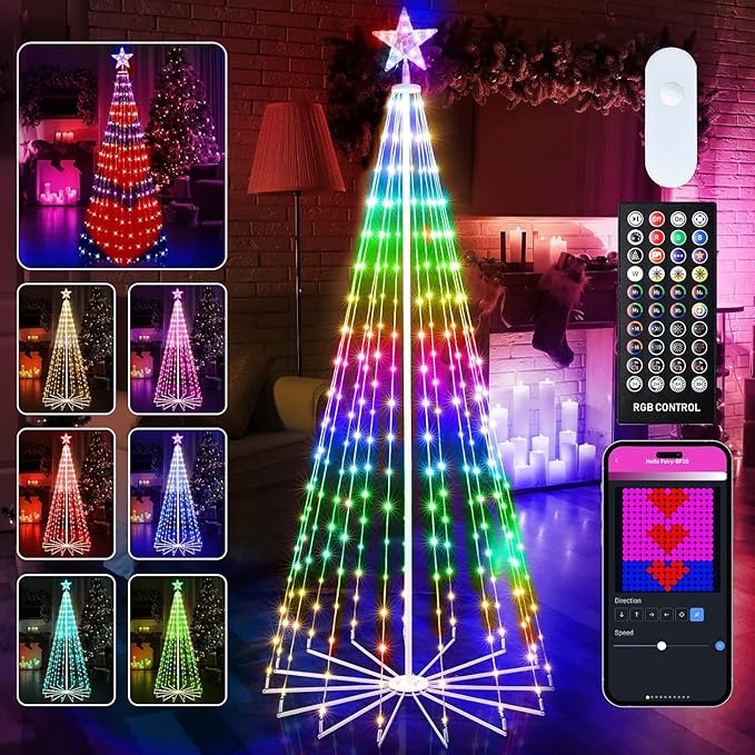Smart Christmas Cone Tree LED Light, 6ft 265 LEDs Music Sync with Remote APP and Local Control, Pattern and Text Displayable, 16 Million Colors LED Light Show Tree for Indoor Outdoor Decorations
