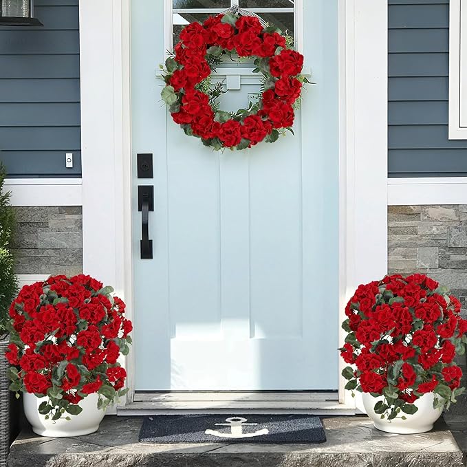 Artificial Geranium Flowers for Outdoors – 4 Bundles of Red Silk Flowers with Hanging Vines, Fake Christmas Plants for Front Door Garden Porch Planter Patio Balcony Yard Indoor Home