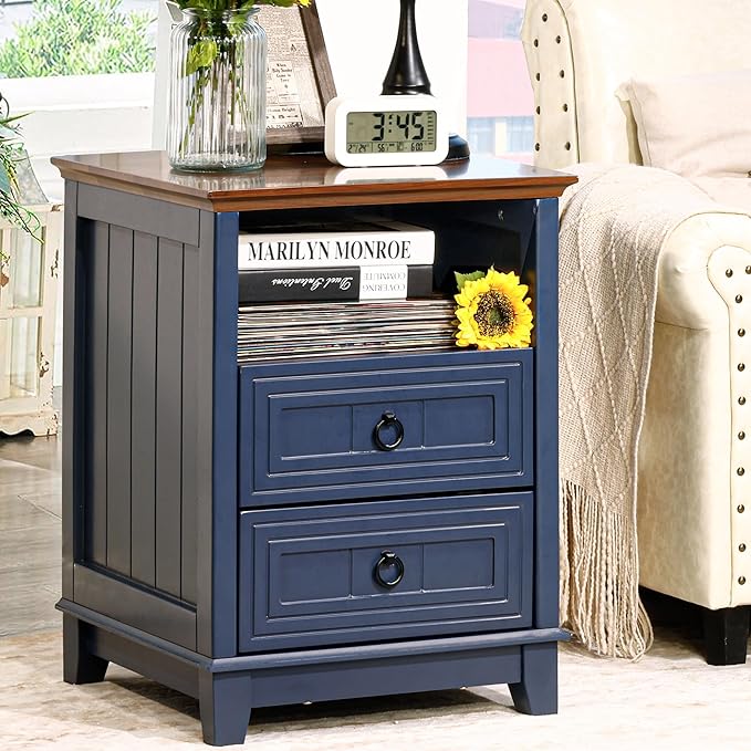 Farmhouse Nightstand, 24" Wooden Couch Side Table with 2 Drawers & Open Shelf, Rustic End Table for Bedroom & Living Room, Bedside Space-Saving Accent Storage Cabinet (Blue)