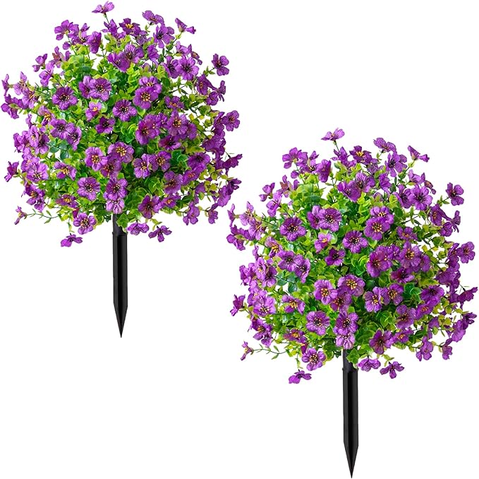 2Pcs 23.6" Artificial Boxwood Topiary Ball with Flowers Plants with Ground Spikes for Outdoor UV Resistant Realistic Fake Bushes Plants for Garden Yard Front Porch Patio Decor (Violet Purple)