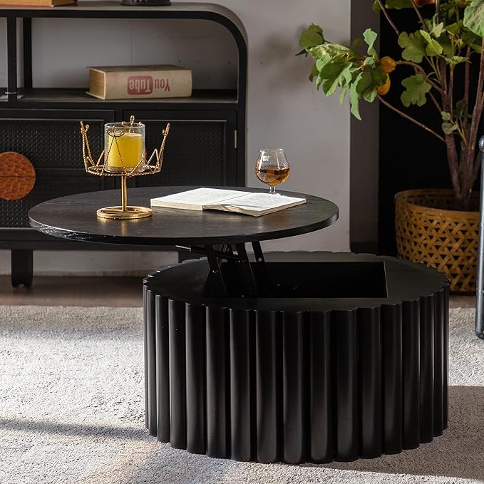 27.56" Round Lift-Top Coffee Table, Modern Fluted Tea Table with Hidden Storage for Living Room, Apartment or Office, Black