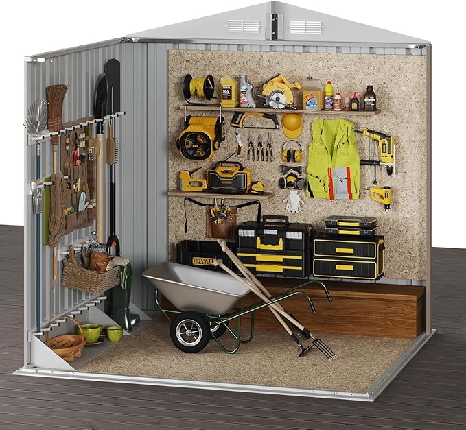 Aoxun 6.2x4 FT Shed with Anchors and Wind-Resistant Ropes Outdoor Storage Shed with Lockable Doors & Slooping Roof Metal Garden Tool Shed for Backyard, Patio, Poolside (Brown)
