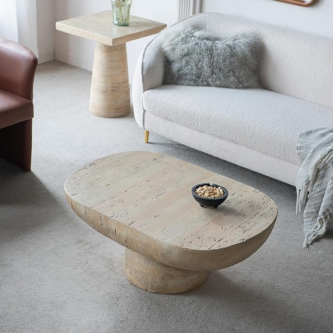 Oval Coffee Table Modern Faux Stone Circle Center Table Accent End Side Table for Living Room, Magnesium Oxide, 36" Cream