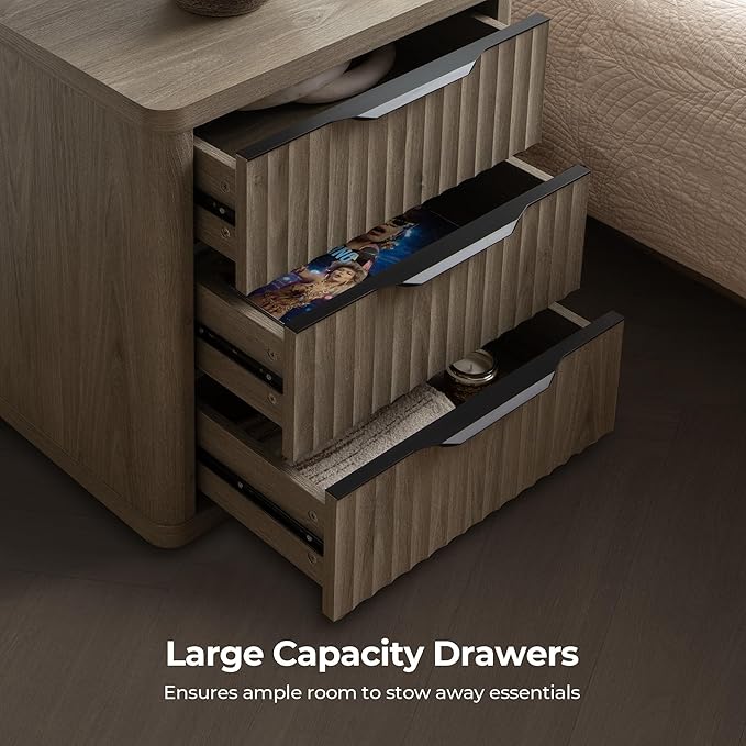 SICOTAS Night Stand Nightstand with 3 Drawers Storage Bedside Table Large Fluted Bed Side End Table Modern 25.6" Tall Wide Night Stands for Bedroom Living Room Sofa Couch Home Office, Grey Alder