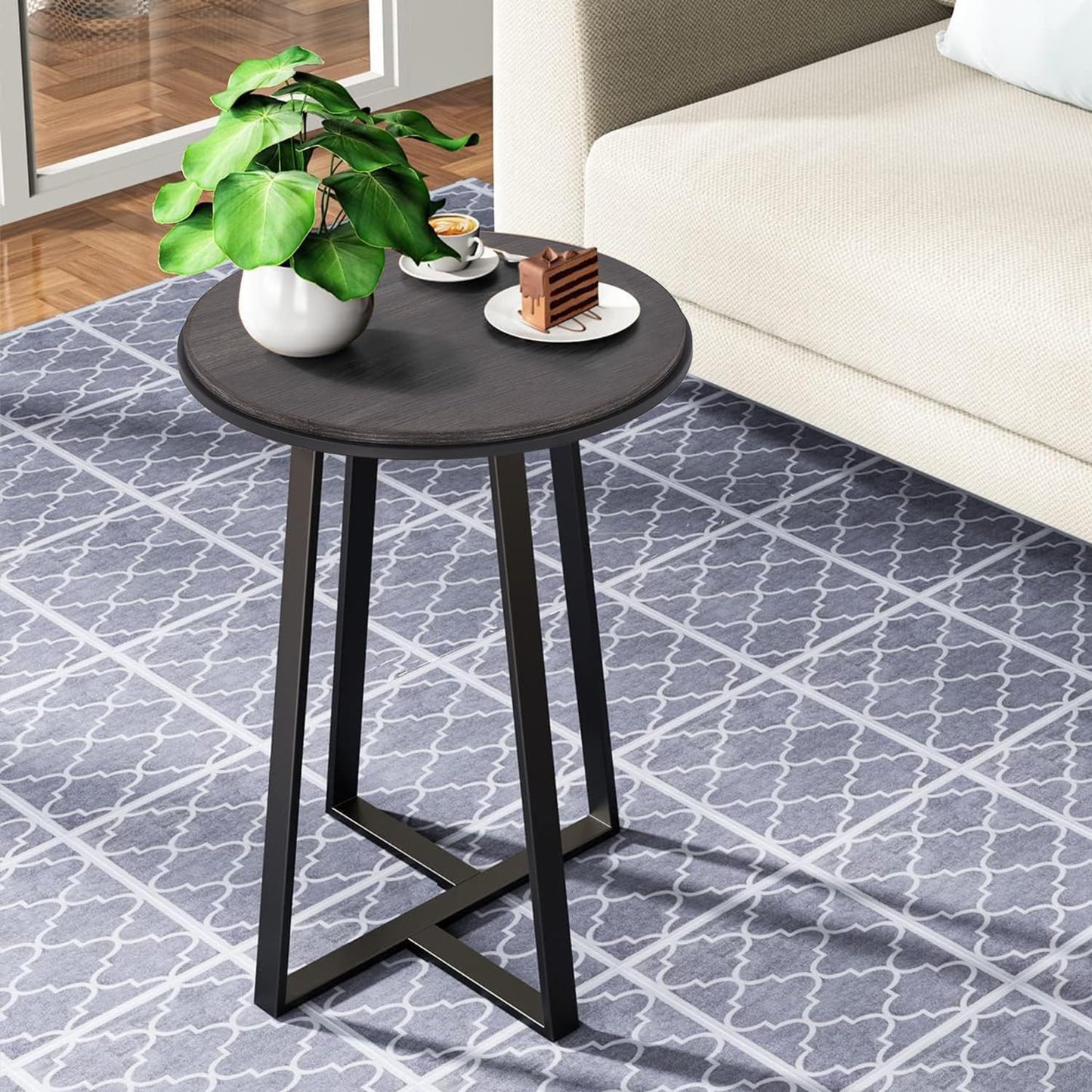 Round End Table, Small Side Table Grey Color MDF Top, Metal Frame Black, Tall End Side Table for Bed Room, Coffee Tea End Table for Living Room(Round Grey)