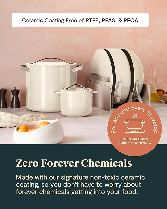 Caraway Cookware+ Collection - Specialty Cookware Set - Petite Cooker, Stir Fry Pan, Rondeau, & Stock Pot - 3 Lids & Storage Organizer Included - White