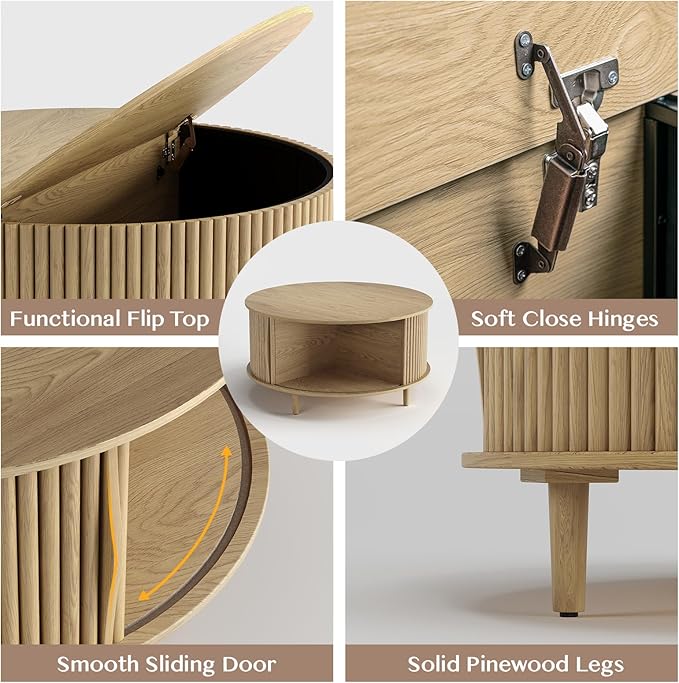 Round Coffee Table with Storage, 31.5" Modern Fluted Drum Coffee Table, Wood Circle Center Table with Sliding Doors & Hidden Compartment for Small Apartment Living Room,Oak