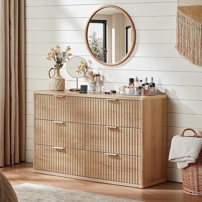 LEYAOYAO Fluted 6 Drawers Dresser Set of 2, 48" Wide Modern Chest of Drawers with Wood Grain Top, Curved Profile Design, Dresser TV Stand, Wooden Drawer Organizer for Bedroom, Living Room,Natural
