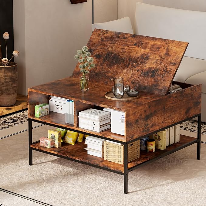 AQY 31.5" Flip Top Coffee Table with Storage, Square Coffee Tables for Living Room, Modern Farmhouse Heavy Duty Coffee Table with Large Hidden Compartment and Storage Shelves,Assembly Required