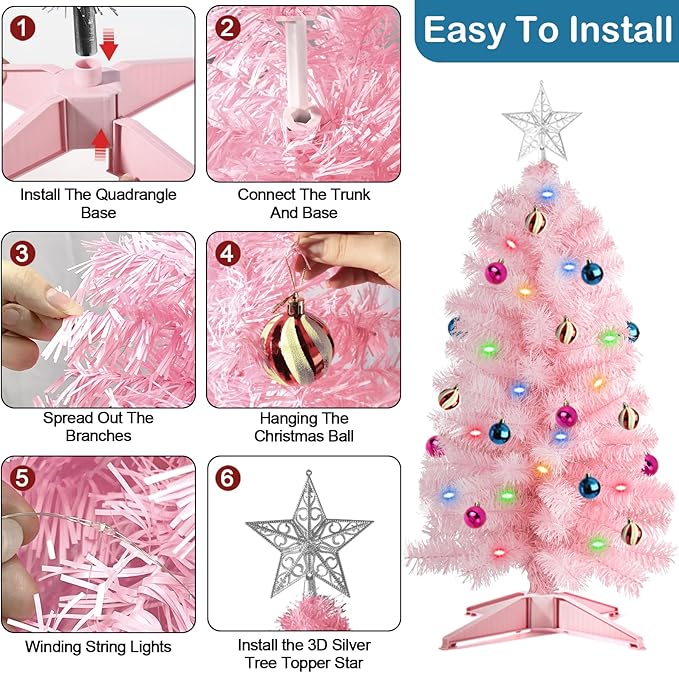 3 Ft Pink Christmas Tree with 12 Modes Timer 50 LED Four Color & Warm Lights DIY 15 Ball Ornaments 3D Star Artificial Xmas Tree for Indoor Home Holiday Party Decoration