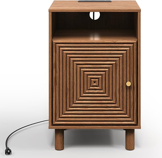RoyalCraft Nightstand with Charging Station, Modern Side Table with Door, Accent End Table with Solid Wood Legs, Bedside Table for Bedroom, Entryway, Brown