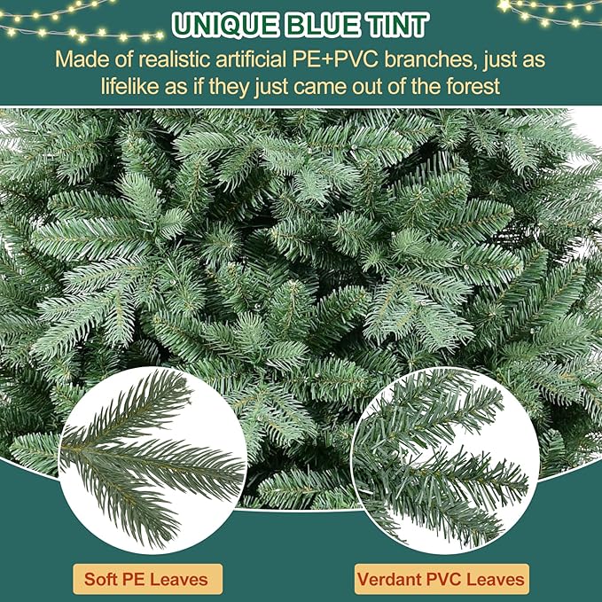 7 FT Artificial Skinny Christmas Tree,Unlit Blue Spruce Slim Pencil Xmas Tree with 1552 PE&PVC Mixed Branch Tips,Hinged Pine Tree with Metal Stand for Home Office Décor