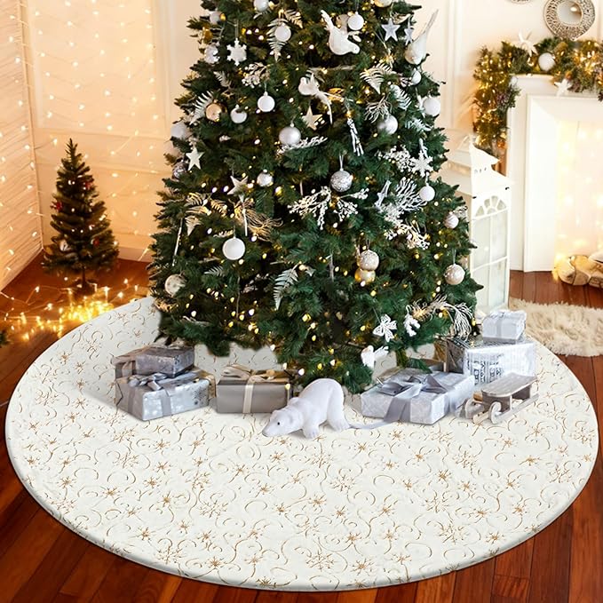 Libima 84 Inch Large White Christmas Tree Skirt with Gold Sequin Snowflakes Plush Faux Fur Christmas Tree Skirt for Xmas Holiday Winter Decorations