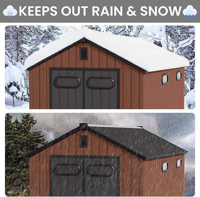 CRESTLIVE 8x12 FT Rust-Resistant Plastic Outdoor Storage Shed, Waterproof Resin Garden Shed with Floor, Doors, Skylight & Vent for Lawn Tools & Bikes