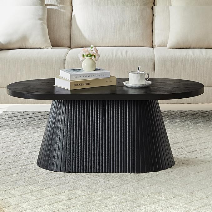 Fluted Coffee Table with Sturdy Tapered Base, Wood Oval Small Coffee Table, Mid Century Modern Center Table for Living Room Office (Black)