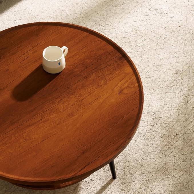 Saint Mossi Modern Coffee Table for Living Room, Mid-Century Round Wood Coffee Table, 2-Tier Center Table for Small Space, Walnut, W31xH15