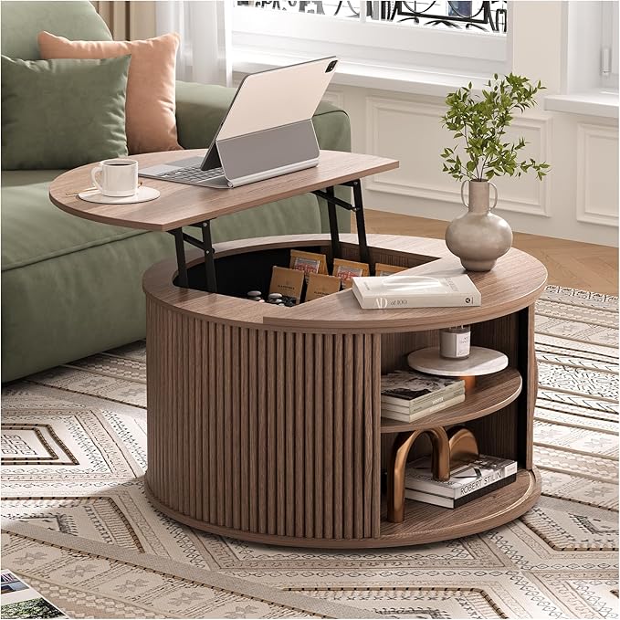 Lift Top Coffee Table with Storage,31.5”Mid Century Modern Round Center Table with Hidden Compartment,Fluted Small Dining Table for Living Room,Home Office,Walnut