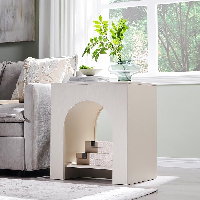 Arched End Table with Type-C Charging Station, 22" Modern Bedroom NightStand with Arched Open Shelf, Night Table with Outlet, USB, Type-C Port for Bedroom, Cream