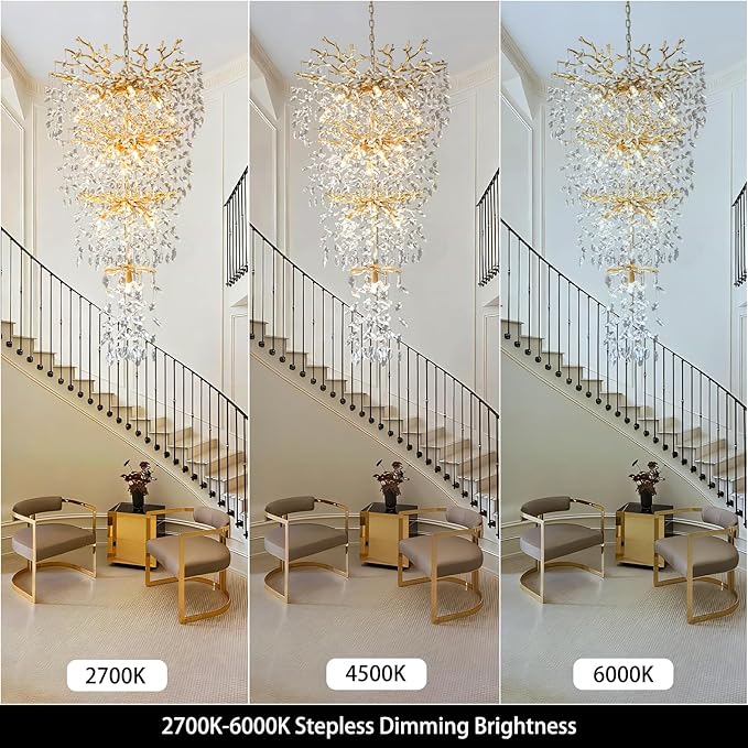 YUYI 47'' Long Crystal Chandelier for High Ceiling, 25-Light Modern Gold Tree Branch Chandelier, Large Chandeliers for Staircase Foyer Entryway Living Room, 4-Tier Luxury K9 Raindrop Light Fixture