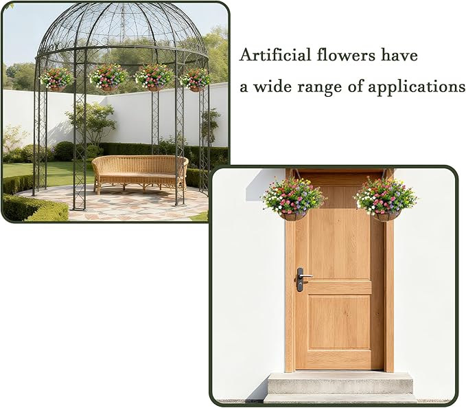Artificial Hanging Plants Flowers with Basket 2 Packs, Artificial Hanging Flowers for Outdoors, Faux Hanging Plants Outdoor, Fake Flowers, Yellow+Purple+Pink+Red+White+Green