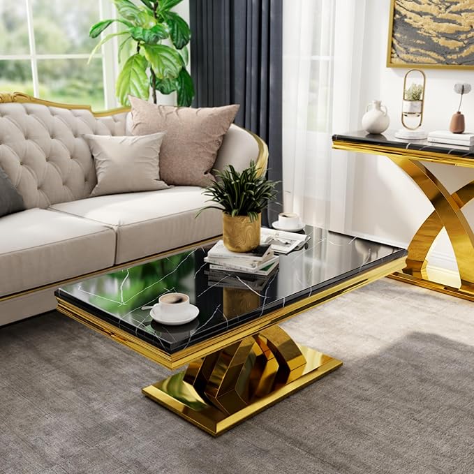 AUZ Black Gold Coffee Table Set of 2, Living Room Table Set with X- Shape Design Polished Stainless Steel Frame