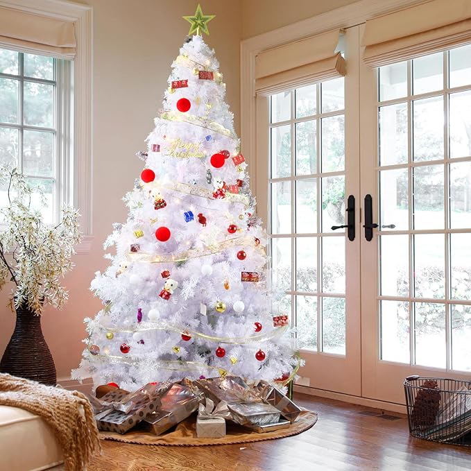 8FT Artificial Christmas Tree, Full Premium Hinged Artificial Pine Tree with Sturdy Metal Stand 1500 Branch Tips,White