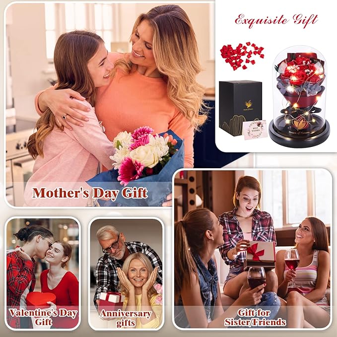 Christmas Rose Gifts for Women Birthday Gifts,Beauty and the Beast Rose in Glass Dome with 2 Light Modes, Enchanted rose Flower Roses Bouquets Christmas Women Gifts for Mom Wife Girlfriend Sister