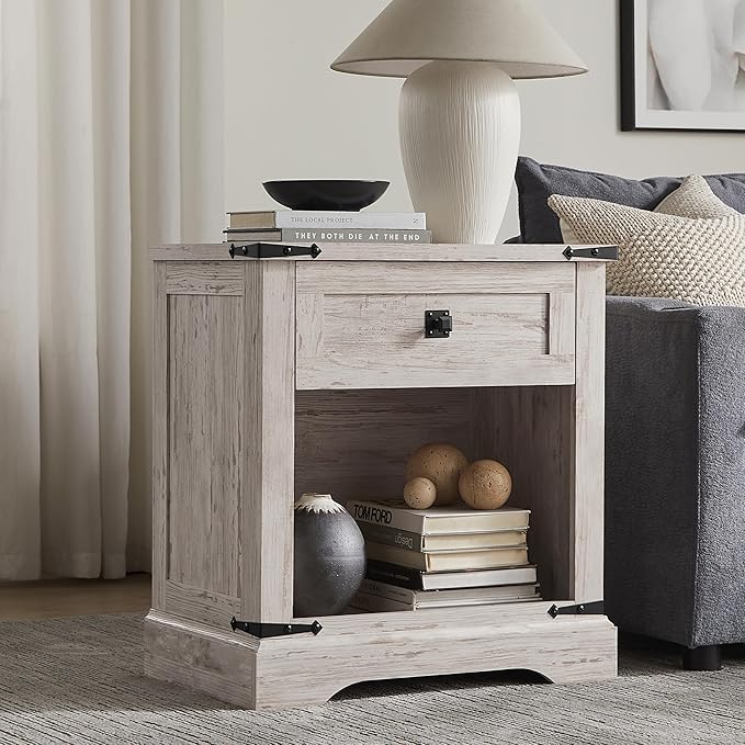 T4TREAM 24" Farmhouse Nightstand with Charging Station, Large End Table with Drawer and Open Storage Cabinet, Rustic Wood Bedside Table Sofa Table for Bedroom, Antique Brush White