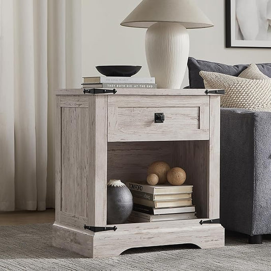 T4TREAM 24" Farmhouse Nightstand with Charging Station, Large End Table with Drawer and Open Storage Cabinet, Rustic Wood Bedside Table Sofa Table for Bedroom, Antique Brush White