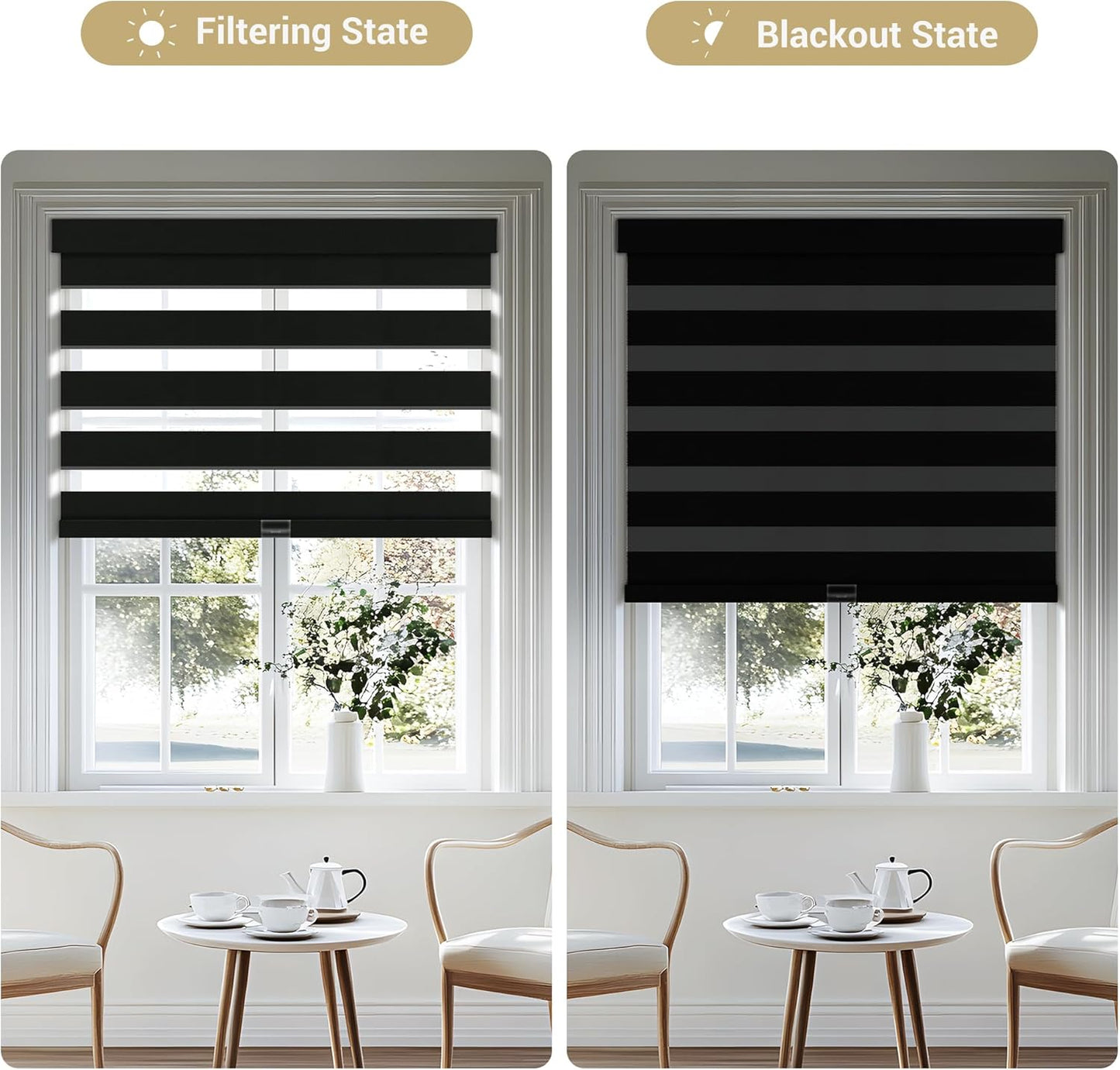 Cordless Zebra Blinds for Windows, Blackout Interior Blinds,Easy to Install,UV Protection,for Offices and Home,Custom Roller Shades, Solid Black, 33" W x 36" H
