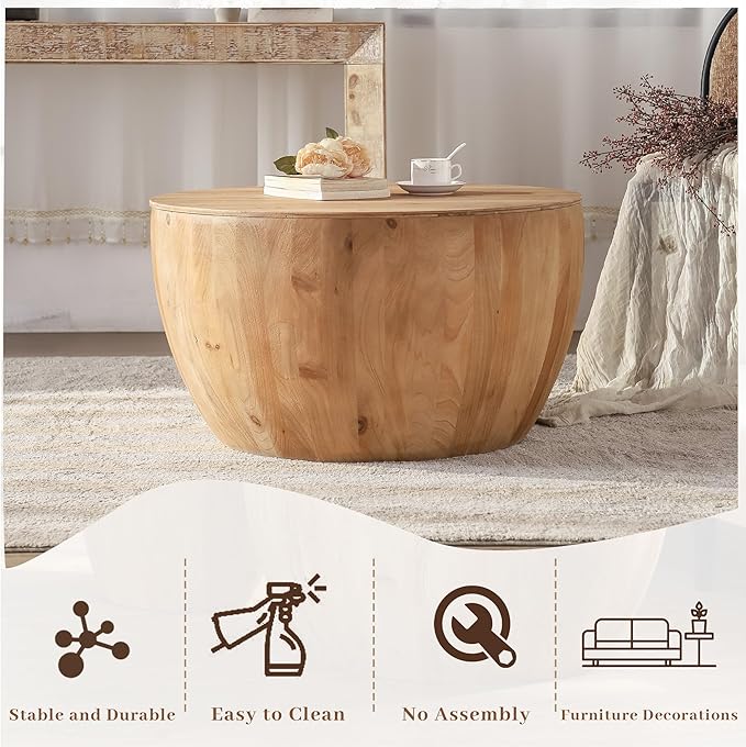 31.50" Coffee Table with Storage, Round Drum Coffee Table for Office, Dining Room and Living Room, Nature