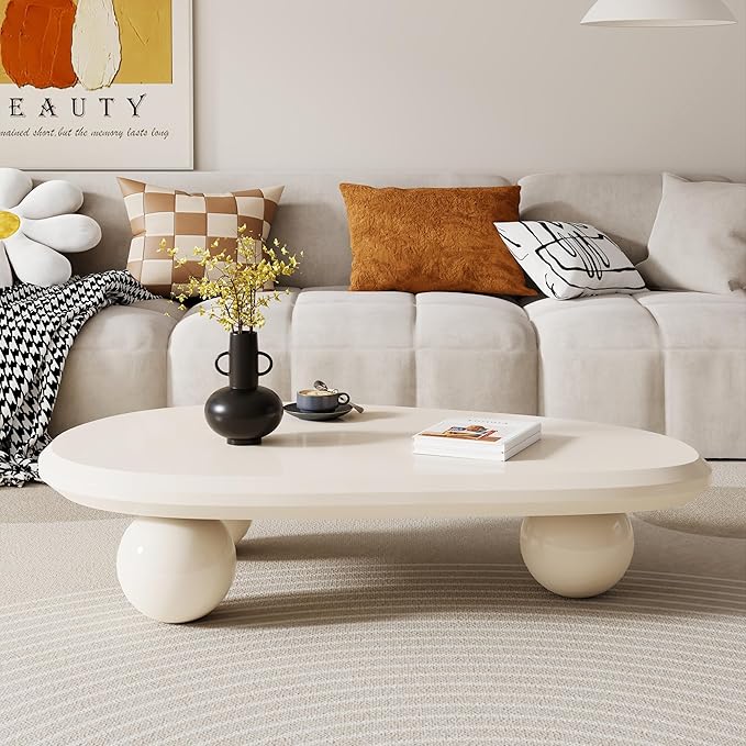 Cloud Coffee Table for Living Room, 51.18" Large Oval Wood Coffee Table with 3 Ball Legs, Unique Modern Living Room Table Center Table for Home Office, White