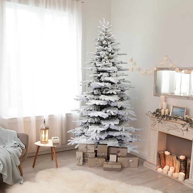 Fraser Hill Farm 10-ft. Pine Valley Flocked Christmas Tree, Huge Fake Christmas Tree with No Lights, Unlit Snowy Artificial Christmas Tree, Festive Indoor Holiday Decoration