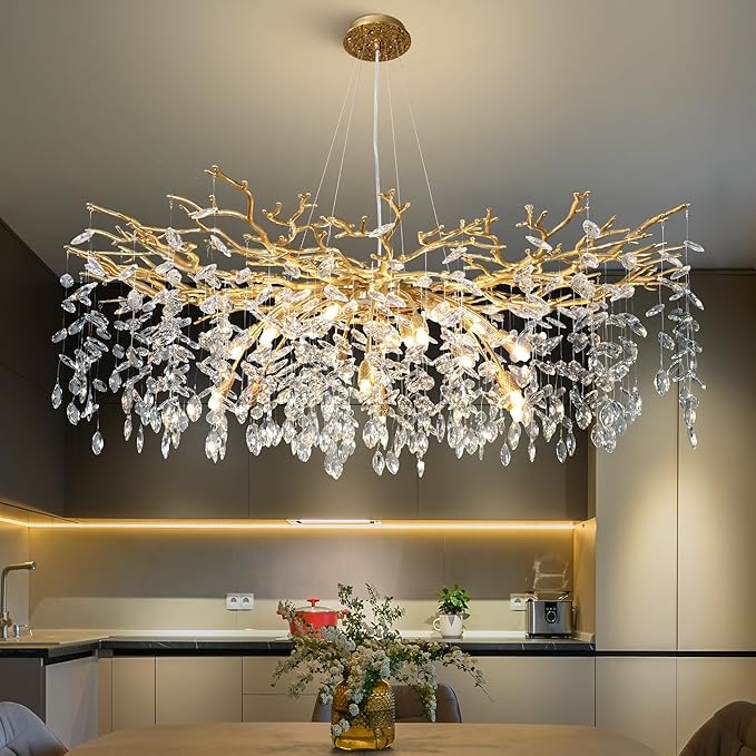 YUYI Modern Crystal Chandelier, 47" Gold Tree Branch Chandelier, 18-Light Round Raindrop Chandeliers for Dining Room, Living Room, Foyer, Entryway, Kitchen, Bedroom, Luxury K9 Crystal Light Fixture