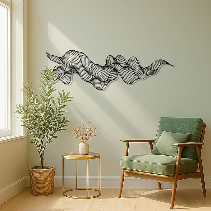 pluviart Abstract Metal Wall Art – Modern Black Wave Line Sculpture, Large 3D Wall Decor for Living Room, Bedroom, Office, Contemporary Home Decoration (30"x9")