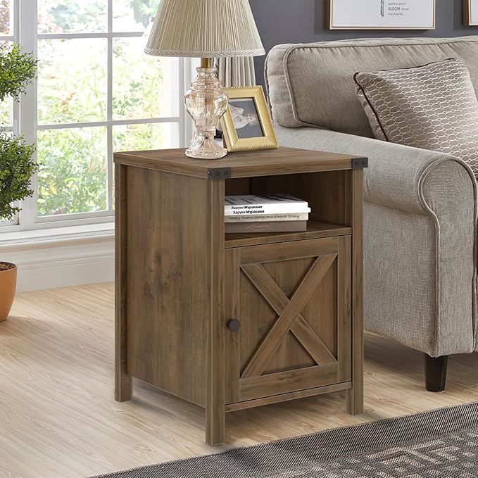 Catrimown Farmhouse, End Table, Nightstand, Side Table, Set of 2 End Table with Barn Door and Shelf, Rustic Oak Nightstand Set of 2, Bed Side Table End Tables for Living Room, Bedroom Room, Oak