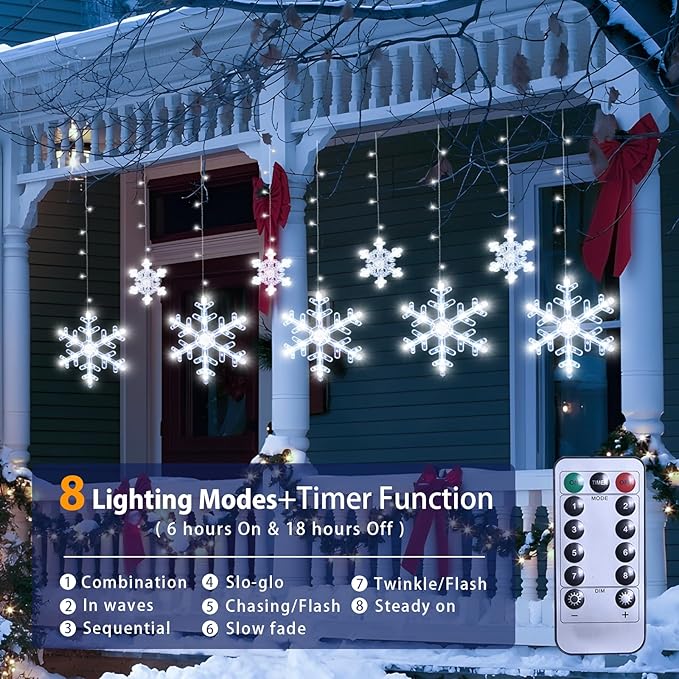 Christmas Snowflake Lights Decorations, 5.3FT Remote&Time 8 Light Mode with Battery Powered 112 White LED Window Curtain Lights for Tree, Eaves, Garden, Yard, Indoor Outdoor Xmas Lamp Decor