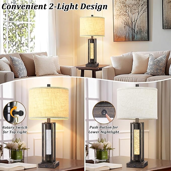 TOBUSA 26’’ Farmhouse Table Lamp for Living Room, Rustic Vintage Tall Nightstand Lamp for Bedroom with 2 USB Ports and Crystal Night Light, Retro Bedside Lamp for End Table Entryway Home Deco, Bronze