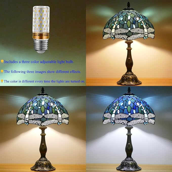 Tiffany Lamp Stained Glass Table Lamp Antique Bedside Reading Light W12H19 Inches (Sea Blue Dragonfly)