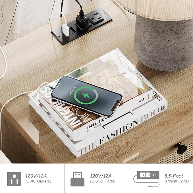 WAMPAT 2 PCS End Tables with Charging Station, Farmhouse Bedside Table with Solid Wood Leg, Rattan End Table with Storage Drawer & Power outlets USB Ports for Bedroom, Living Room