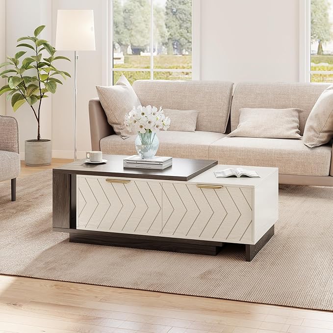 42"- 65" Extendable Coffee Table with Storage, Reversible Wood Coffee Table with 2 Drawers, Two-Tone Large Adjustable Center Table for Living Room, Office (Grey)