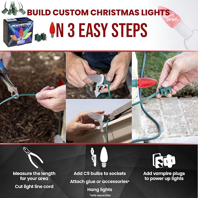 Pro Christmas C9 LED Christmas Light Kit for Rooflines & Pathways – DIY Cut to Length, Outdoor Commercial Grade (Green Wire w/Vampire Plugs, 100 Bulbs, 100 ft) Purple and Green